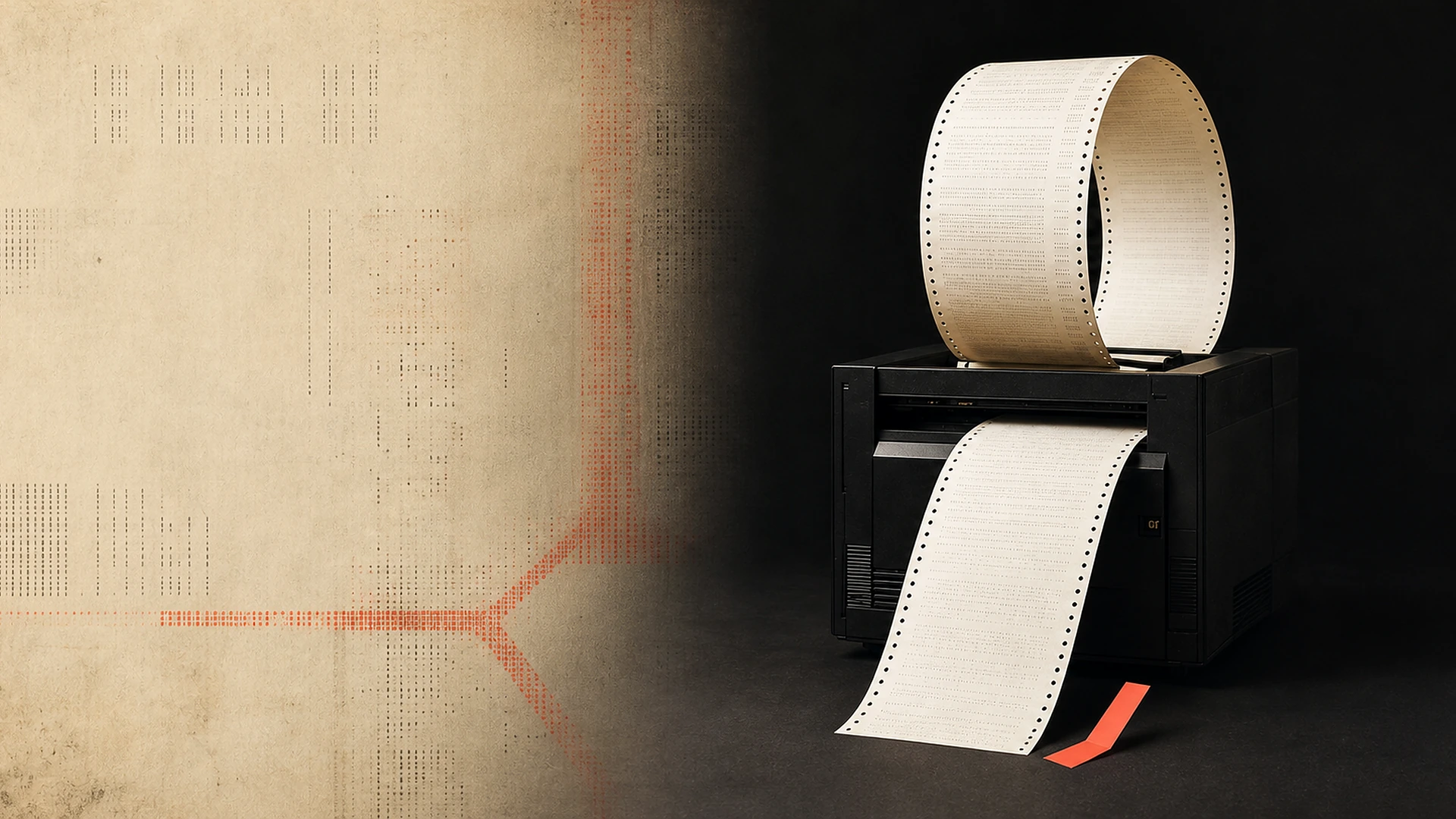 A matte black line printer feeding continuous paper into a loop that returns to itself, with one coral strip escaping the record.